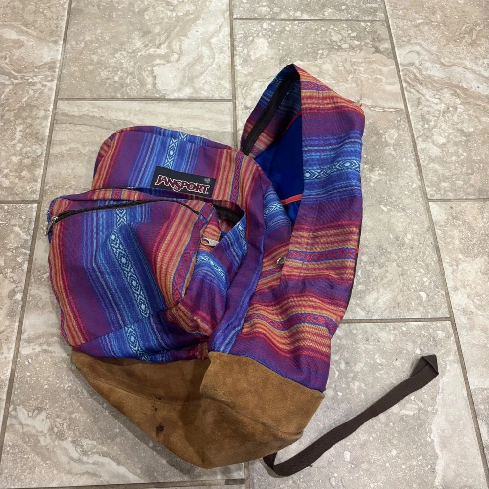 JanSport Originals Backpack Southwestern Stripe Canvas Suede Bottom Blue Purple